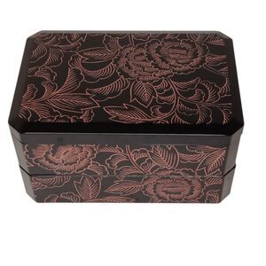 VTG Japan Plastic Lacquer Black Pink Two Tiered Bento Jewelry Box Chrysanthemum